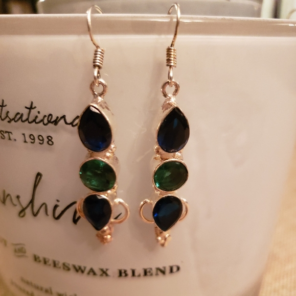 SAPPHIRE & EMERALD Handmade silver earrings - Picture 1 of 2